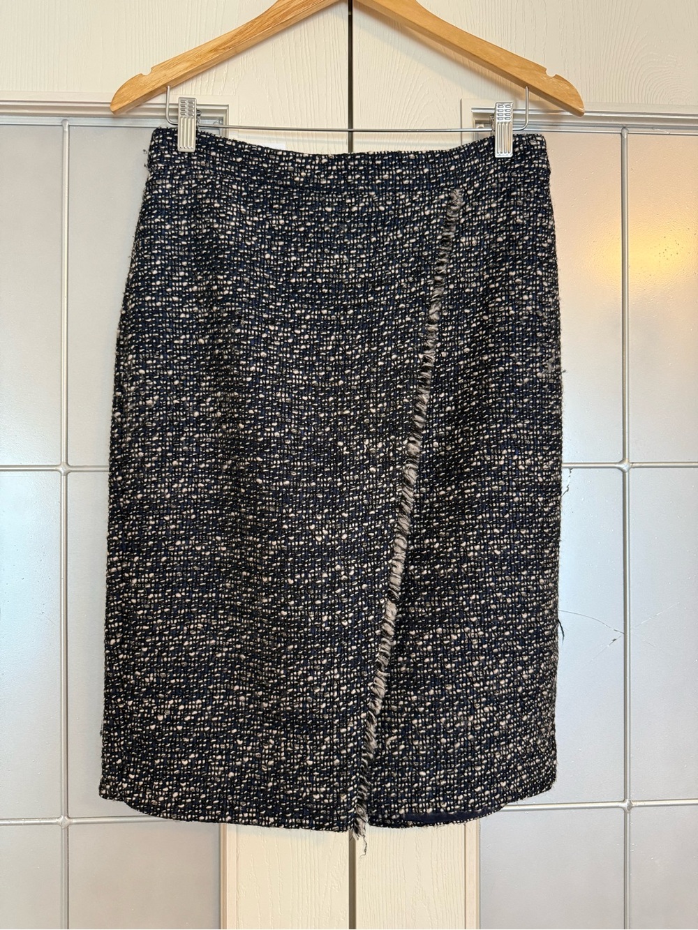 J. Crew Black and White Tweed Fringe-Trim Pencil Skirt